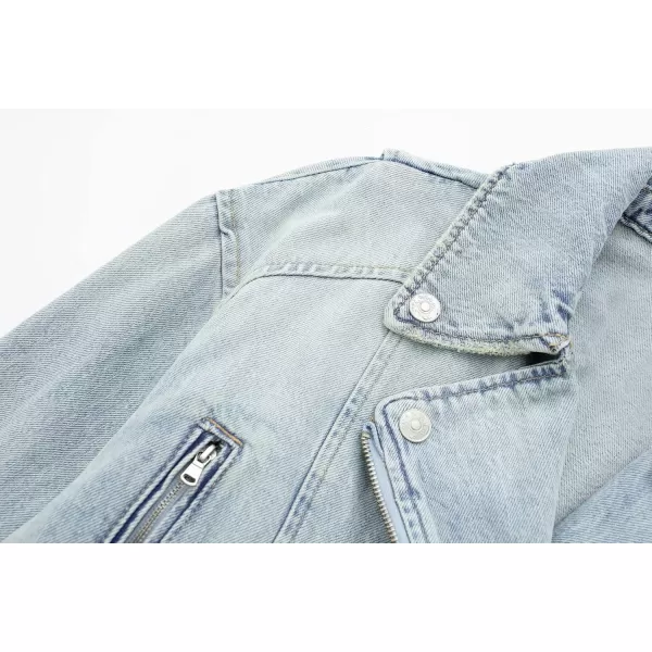 imagechouyatou Womens Fall Moto Biker Distressed Denim Jacket Boyfriend Casual Belted Short Jean JacketLight Blue