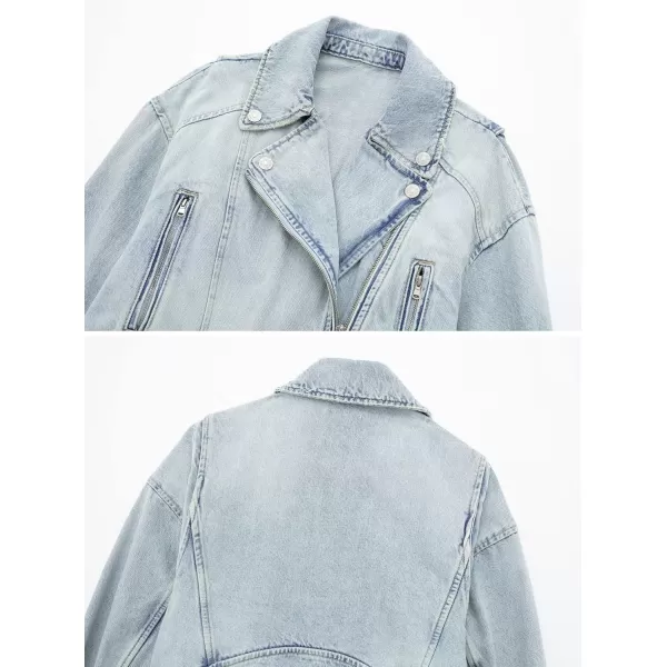 imagechouyatou Womens Fall Moto Biker Distressed Denim Jacket Boyfriend Casual Belted Short Jean JacketLight Blue