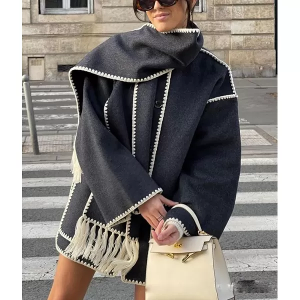 imagechouyatou Womens Fall Removable Scarf Collarless Wool Jacket Business Casual Oversized Winter Wool CoatBlack White