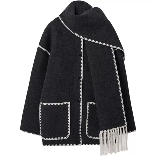 imagechouyatou Womens Fall Removable Scarf Collarless Wool Jacket Business Casual Oversized Winter Wool CoatBlack White