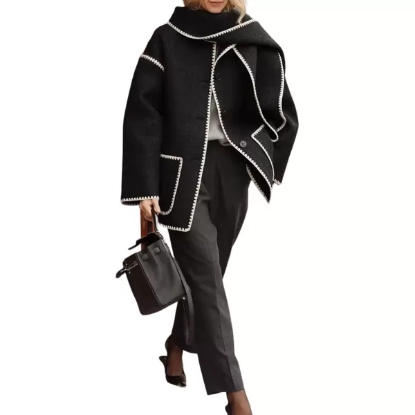 imagechouyatou Womens Fall Removable Scarf Collarless Wool Jacket Business Casual Oversized Winter Wool CoatBlack White