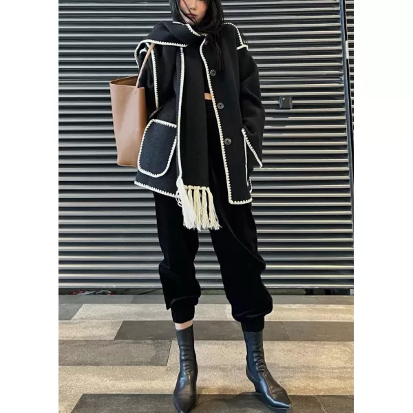 imagechouyatou Womens Fall Removable Scarf Collarless Wool Jacket Business Casual Oversized Winter Wool CoatBlack White