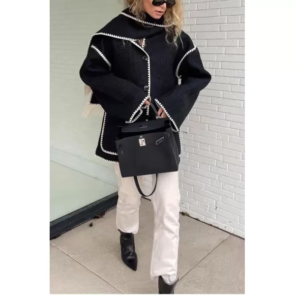 imagechouyatou Womens Fall Removable Scarf Collarless Wool Jacket Business Casual Oversized Winter Wool CoatBlack White