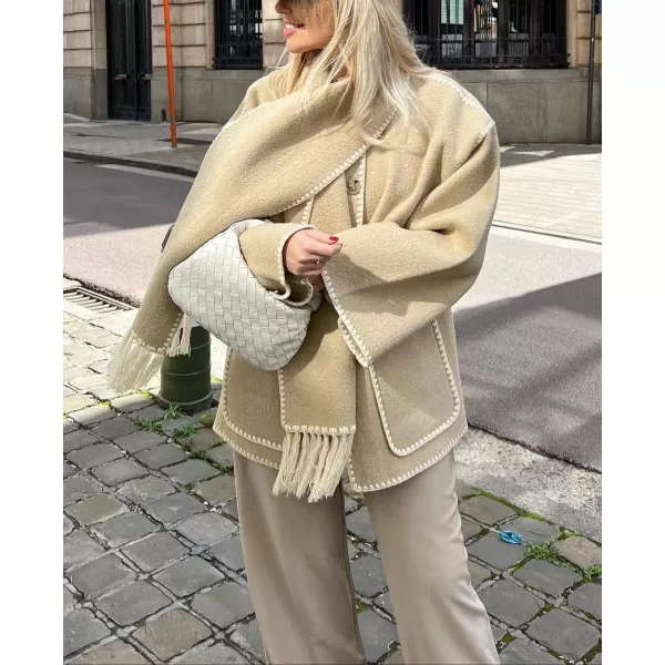 imagechouyatou Womens Fall Removable Scarf Collarless Wool Jacket Business Casual Oversized Winter Wool CoatKhaki
