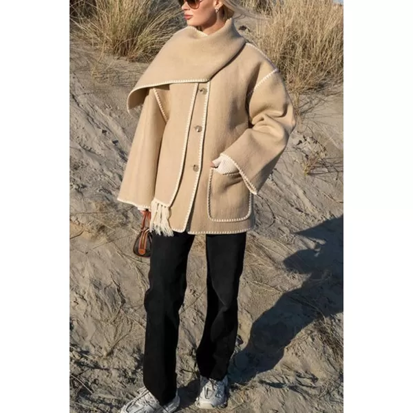 imagechouyatou Womens Fall Removable Scarf Collarless Wool Jacket Business Casual Oversized Winter Wool CoatKhaki