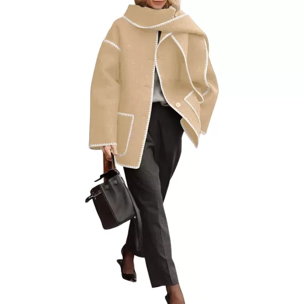 imagechouyatou Womens Fall Removable Scarf Collarless Wool Jacket Business Casual Oversized Winter Wool CoatKhaki