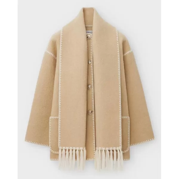 imagechouyatou Womens Fall Removable Scarf Collarless Wool Jacket Business Casual Oversized Winter Wool CoatKhaki