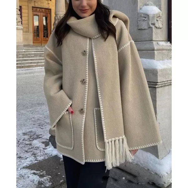 imagechouyatou Womens Fall Removable Scarf Collarless Wool Jacket Business Casual Oversized Winter Wool CoatKhaki