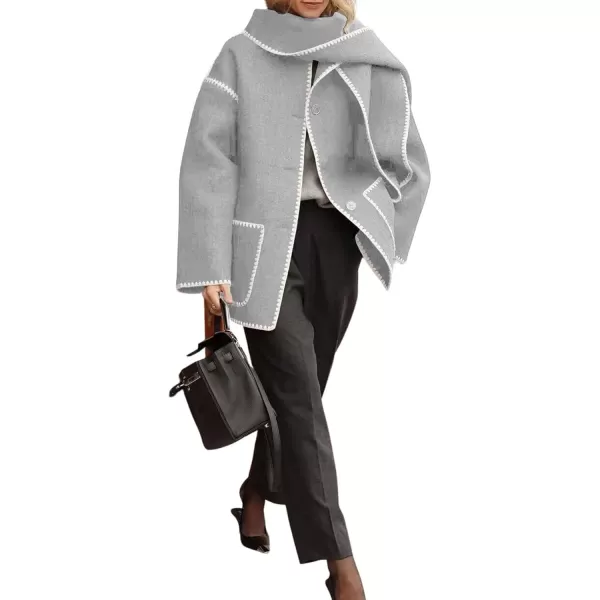 imagechouyatou Womens Fall Removable Scarf Collarless Wool Jacket Business Casual Oversized Winter Wool CoatLight Grey