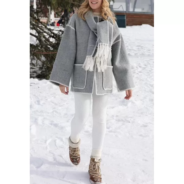 imagechouyatou Womens Fall Removable Scarf Collarless Wool Jacket Business Casual Oversized Winter Wool CoatLight Grey