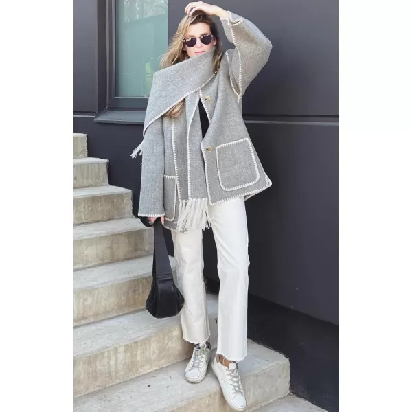 imagechouyatou Womens Fall Removable Scarf Collarless Wool Jacket Business Casual Oversized Winter Wool CoatLight Grey