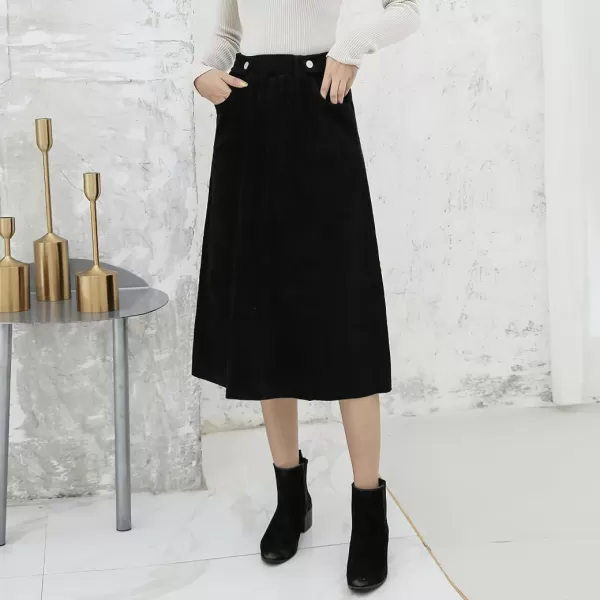 imagechouyatou Womens Fall Winter Casual Elastic High Waist A Line Corduroy Long Midi Skirt with PocketsBlack