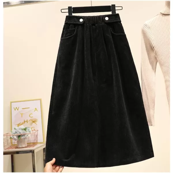 imagechouyatou Womens Fall Winter Casual Elastic High Waist A Line Corduroy Long Midi Skirt with PocketsBlack