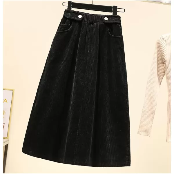 imagechouyatou Womens Fall Winter Casual Elastic High Waist A Line Corduroy Long Midi Skirt with PocketsBlack