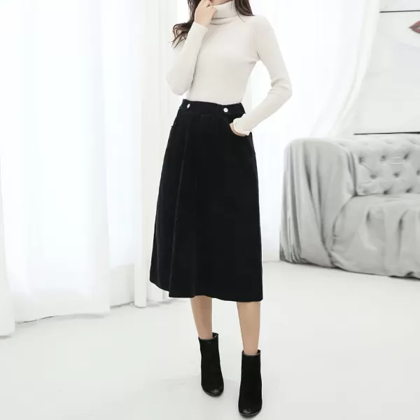 imagechouyatou Womens Fall Winter Casual Elastic High Waist A Line Corduroy Long Midi Skirt with PocketsBlack