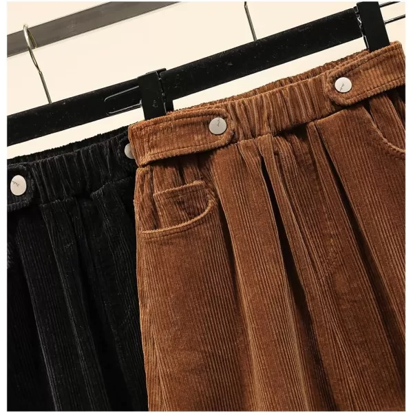 imagechouyatou Womens Fall Winter Casual Elastic High Waist A Line Corduroy Long Midi Skirt with PocketsBlack