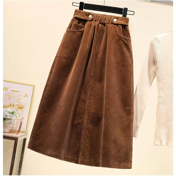 imagechouyatou Womens Fall Winter Casual Elastic High Waist A Line Corduroy Long Midi Skirt with PocketsBrown