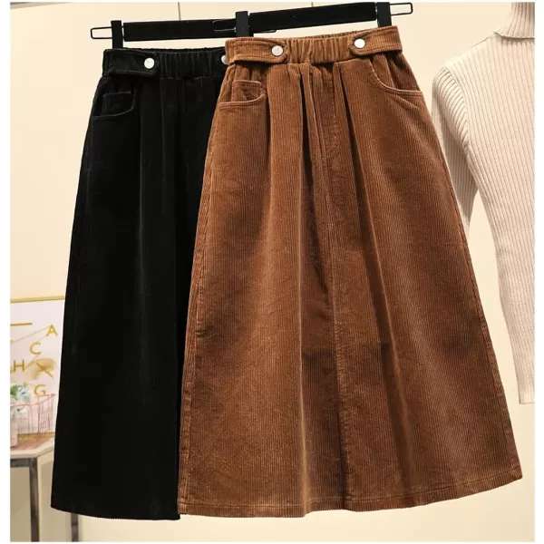 imagechouyatou Womens Fall Winter Casual Elastic High Waist A Line Corduroy Long Midi Skirt with PocketsBrown