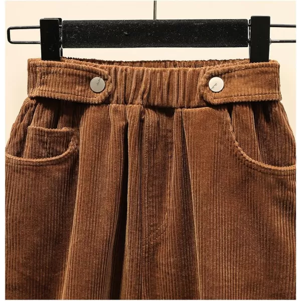 imagechouyatou Womens Fall Winter Casual Elastic High Waist A Line Corduroy Long Midi Skirt with PocketsBrown