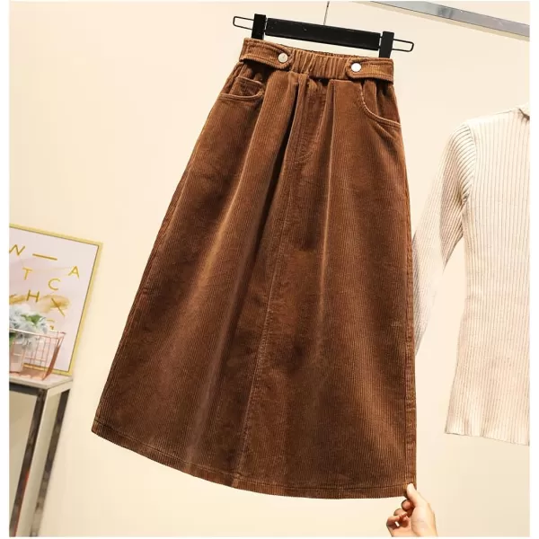 imagechouyatou Womens Fall Winter Casual Elastic High Waist A Line Corduroy Long Midi Skirt with PocketsBrown