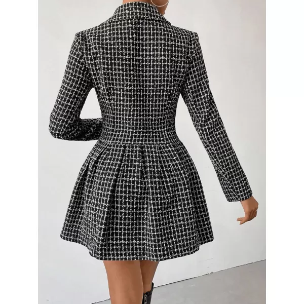 imagechouyatou Womens Fall Winter Notch Lapel Double Breated Tweed Wool Pea Coat Tartan Plaid Trench CoatBlack