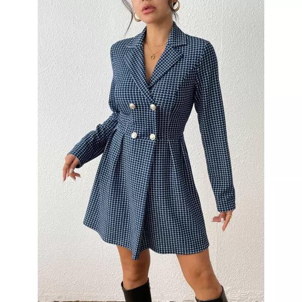 imagechouyatou Womens Fall Winter Notch Lapel Double Breated Tweed Wool Pea Coat Tartan Plaid Trench CoatBlue