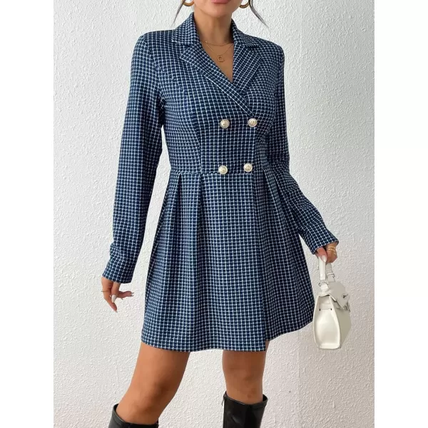 imagechouyatou Womens Fall Winter Notch Lapel Double Breated Tweed Wool Pea Coat Tartan Plaid Trench CoatBlue