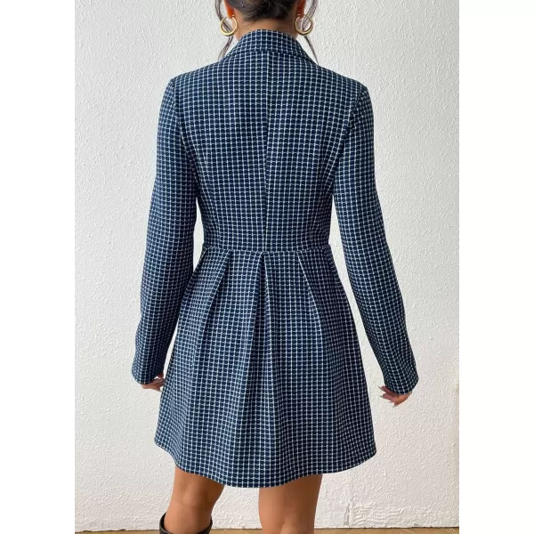 imagechouyatou Womens Fall Winter Notch Lapel Double Breated Tweed Wool Pea Coat Tartan Plaid Trench CoatBlue