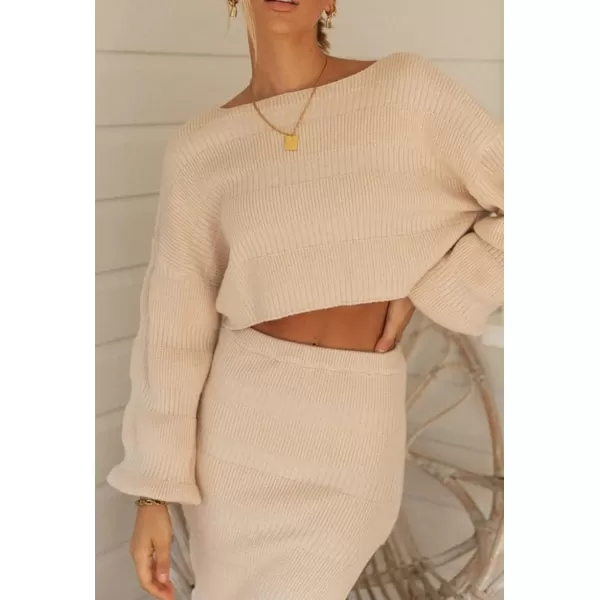imagechouyatou Womens Ribbed Knit Sweater Sets Crop Top and Bodycon Pencil Skirt Sets 2 Piece OutfitsKhaki