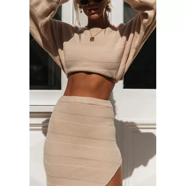 imagechouyatou Womens Ribbed Knit Sweater Sets Crop Top and Bodycon Pencil Skirt Sets 2 Piece OutfitsKhaki