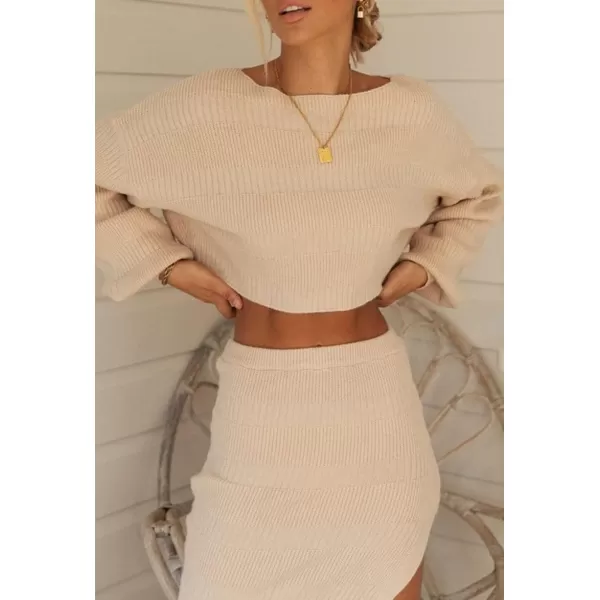 imagechouyatou Womens Ribbed Knit Sweater Sets Crop Top and Bodycon Pencil Skirt Sets 2 Piece OutfitsKhaki