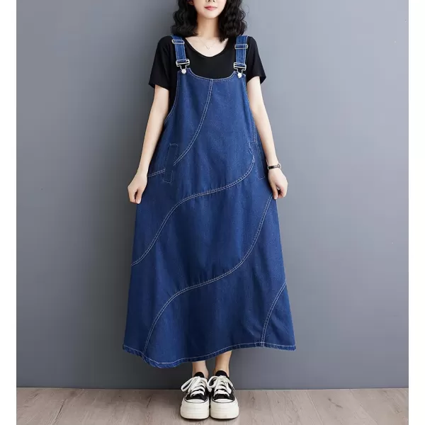 imagechouyatou Womens Sleeveless Denim Overall Dress Loose Baggy Jumper Maxi Jean DressDark Blue
