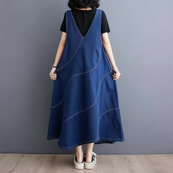 imagechouyatou Womens Sleeveless Denim Overall Dress Loose Baggy Jumper Maxi Jean DressDark Blue