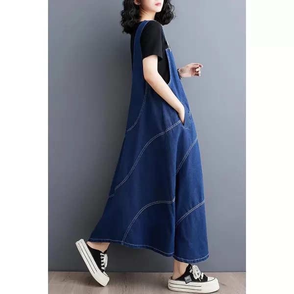 imagechouyatou Womens Sleeveless Denim Overall Dress Loose Baggy Jumper Maxi Jean DressDark Blue