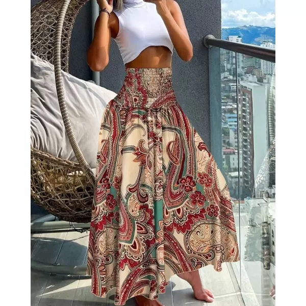 imagechouyatou Womens Smocked Waist Paisley Floral Boho Swing Skirt Bohemian Beach Vacation Midi Long SkirtApricot