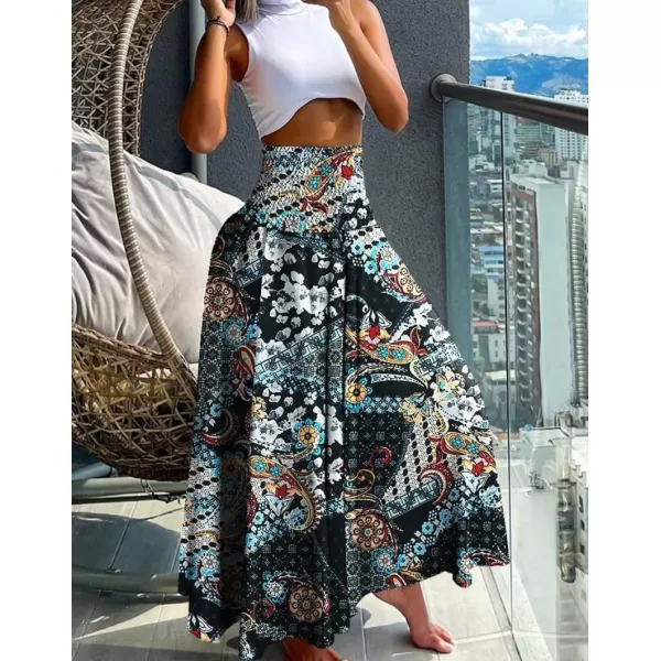 imagechouyatou Womens Smocked Waist Paisley Floral Boho Swing Skirt Bohemian Beach Vacation Midi Long SkirtBlack