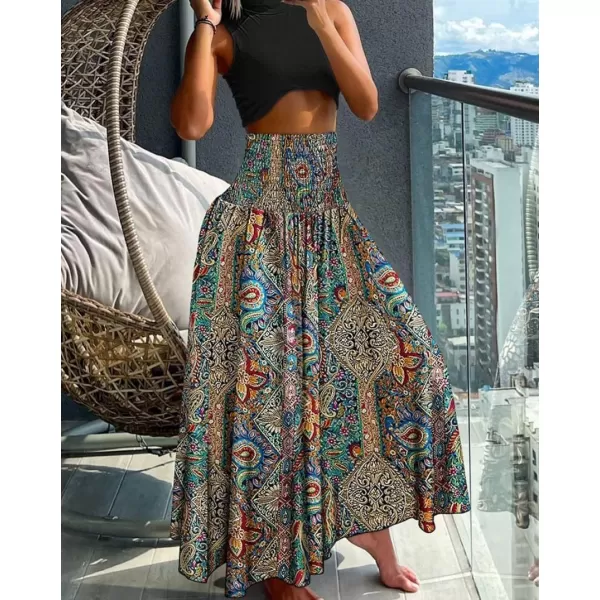 imagechouyatou Womens Smocked Waist Paisley Floral Boho Swing Skirt Bohemian Beach Vacation Midi Long SkirtBlue