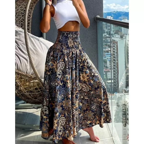 imagechouyatou Womens Smocked Waist Paisley Floral Boho Swing Skirt Bohemian Beach Vacation Midi Long SkirtNavy