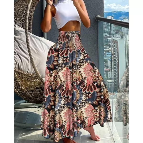 imagechouyatou Womens Smocked Waist Paisley Floral Boho Swing Skirt Bohemian Beach Vacation Midi Long SkirtNavy Red