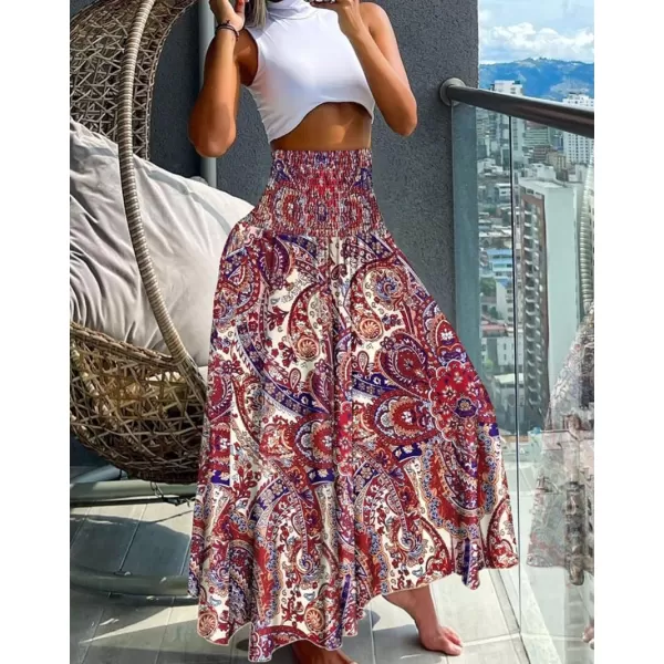 imagechouyatou Womens Smocked Waist Paisley Floral Boho Swing Skirt Bohemian Beach Vacation Midi Long SkirtRed