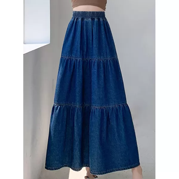 imagechouyatou Womens Spring High Elastic Waist Tiered Denim Skirt Summer ALine Maxi Long Jean SkirtBlue