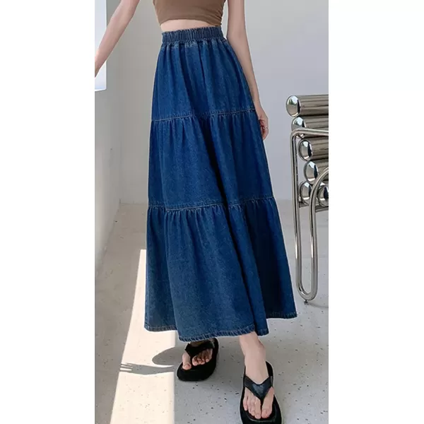 imagechouyatou Womens Spring High Elastic Waist Tiered Denim Skirt Summer ALine Maxi Long Jean SkirtBlue