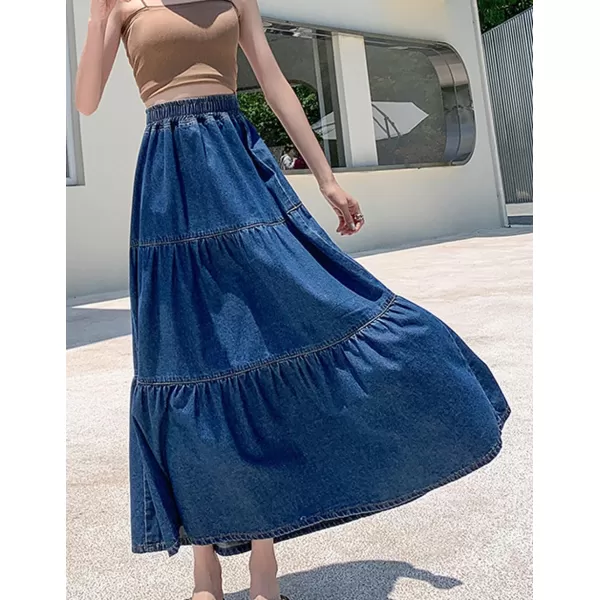 imagechouyatou Womens Spring High Elastic Waist Tiered Denim Skirt Summer ALine Maxi Long Jean SkirtBlue