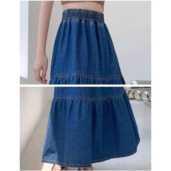imagechouyatou Womens Spring High Elastic Waist Tiered Denim Skirt Summer ALine Maxi Long Jean SkirtBlue