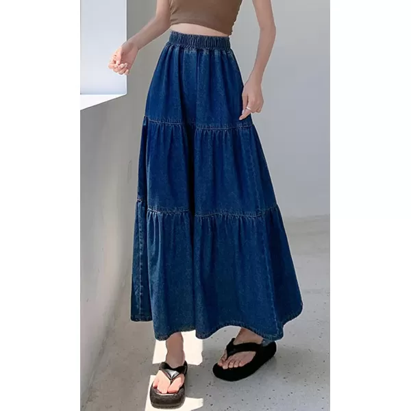 imagechouyatou Womens Spring High Elastic Waist Tiered Denim Skirt Summer ALine Maxi Long Jean SkirtBlue
