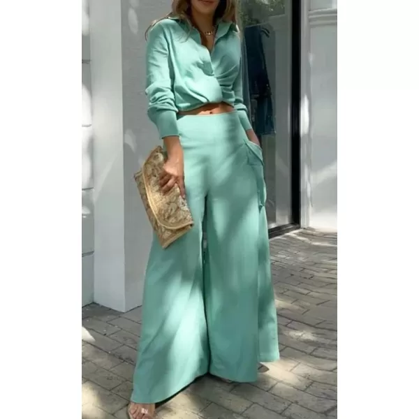 imagechouyatou Womens Spring Summer 2 Piece Outfits Stripe Button Down Shirt Top Midi Skater Skirt SetsLight Green