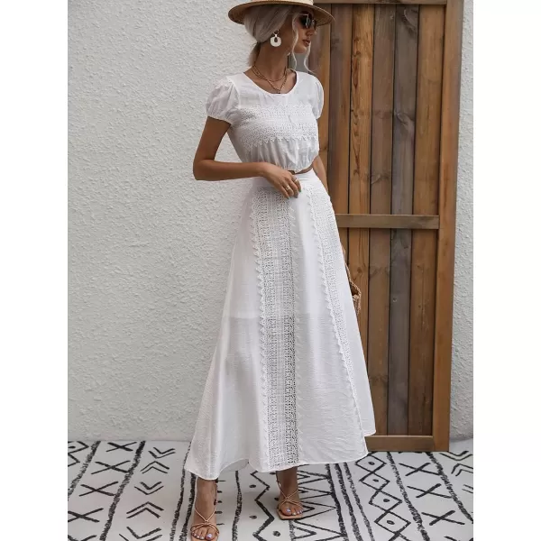 imagechouyatou Womens Summer 2 Piece Outfits Vacation Beach Lace Short Sleeve Crop Top Maxi Skirt SetsWhite
