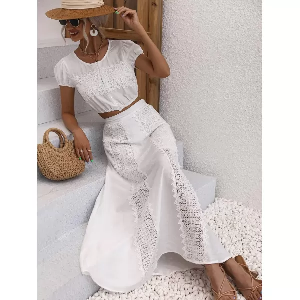 imagechouyatou Womens Summer 2 Piece Outfits Vacation Beach Lace Short Sleeve Crop Top Maxi Skirt SetsWhite