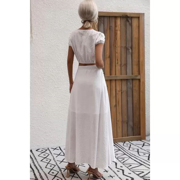 imagechouyatou Womens Summer 2 Piece Outfits Vacation Beach Lace Short Sleeve Crop Top Maxi Skirt SetsWhite