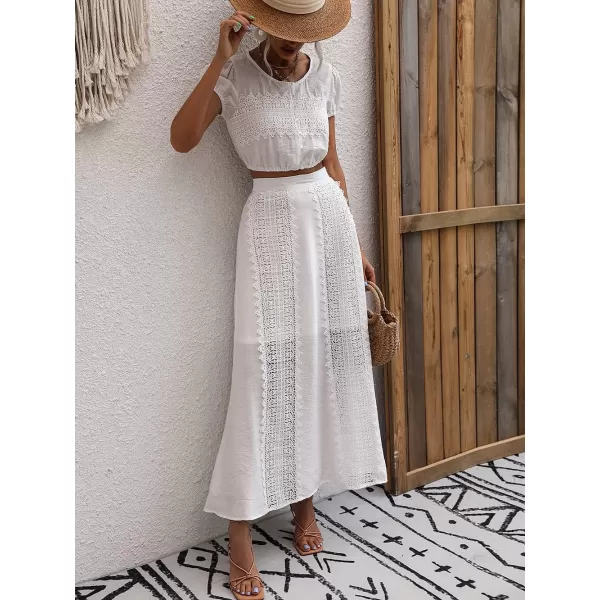 imagechouyatou Womens Summer 2 Piece Outfits Vacation Beach Lace Short Sleeve Crop Top Maxi Skirt SetsWhite